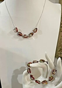Sterlingsilber dichroitisches Glas rot orange grün Träne Tropfen Halskette Armband Set - Bild 1 von 7