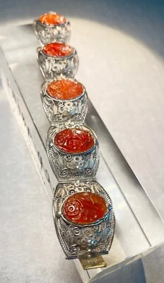 Brazalete Brazalete Antiguo Chino Cornalina Ágata Filigrana Eslabón Plata 7" Largo De Colección Foto 1 de 4