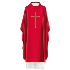 Vestido casulla sacerdote bordado rojo y estola con símbolo de cruz de oro - Imagen 1 de 3