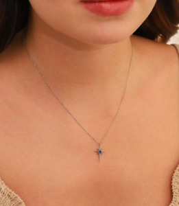 0.20 Ct Round Natural Blue Sapphire North Star Pendant Necklace 14K White Gold