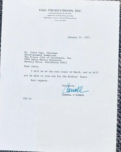 1975 SIGNIERTE NOTIZ VON CARROLL O' CONNOR AN DEN FRIARS CLUB VORSITZENDEN JONIE TAPS - Bild 1 von 1
