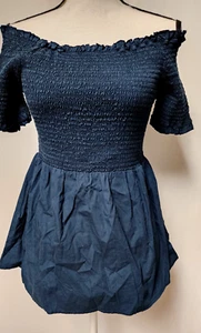 Jacqueline de Yong Elastic  Off the Shoulder Top Women’s Size 38/10 Navy Blue - Picture 1 of 7