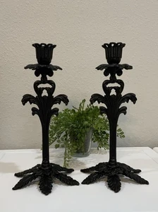 Vintage Gusseisen Art LB58 verziert schwarz Tapper Kerzenständer Kerzenhalter Set - Bild 1 von 9