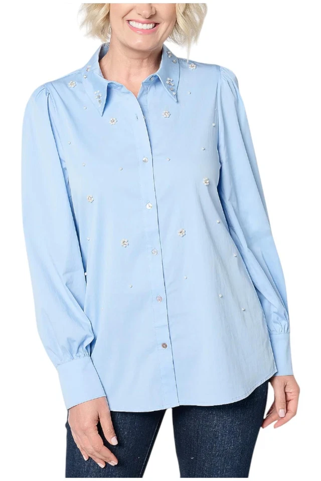 Top Dennis Basso para mujer con botones delanteros con adornos azul cielo Foto 1 de 1