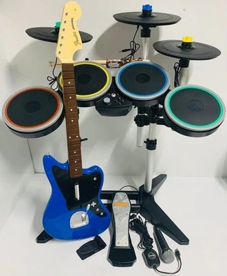 Xbox One Rock Band 4 Bundle *Drums*Pedal* Stix*3x Cymbals*Fender Jaguar BLUE*Mic - Image 1 of 4