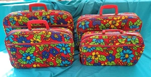 Vintage 60-70er Flower Power Japan Hippie Retro Canvas Koffer Reisegepäck 4-teiliges Set - Bild 1 von 23