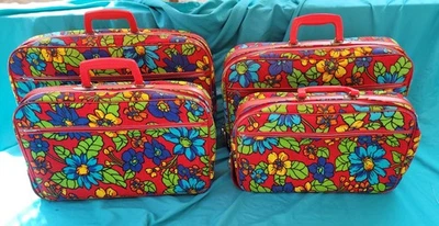 Juego de 4 maletas de lona retro hippie Japón Flower Power vintage años 60-70 equipaje Foto 1 de 4
