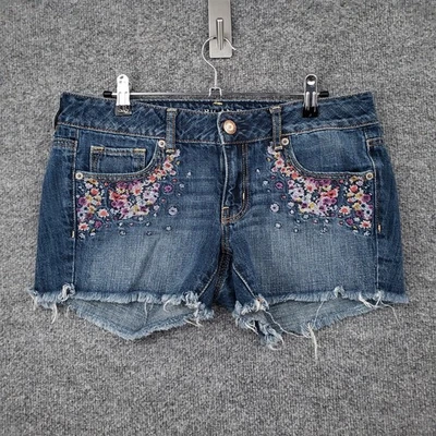 Pantalones Cortos American Eagle Para Mujer 8 Azul Tiro Bajo Corte Denim Bordado Floral Foto 1 de 4