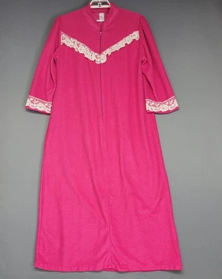 Vintage Womens 3X Pink Robe Housecoat Zip Front Lace Trim Floral Lounge 90s USA - Image 1 of 4