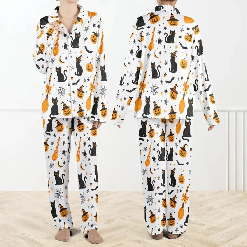 Conjunto de pijama unissex Halloween gato abóbora manga longa botão top e calça P-5XL - Imagem 1 de 4