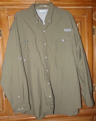 COLUMBIA PFG MENS SIZE XL KHAKI LONG SLEEVE VENTED BUTTON DOWN POLY SHIRT - Image 1 of 2