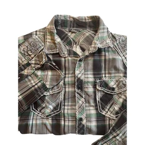 Machine Plaid Shirt Mens M Western Embroidered Long Sleeve Button Up Gray Green - Picture 1 of 12