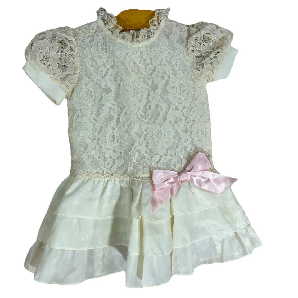 Vintage Winnie The Pooh Formal Party Dress Toddler 3T Ivory Cream Pink Bow Lace - Image 1 of 4