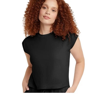 Nueva Camiseta Hanes Para Mujer Mediana Original Negra Hilada en Anillos Algodón Manga Gorra Muscular Foto 1 de 4