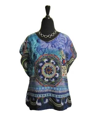 New SUNNY LEIGH Blue Print Tunic Top V-neck Size XS Silky Polyester - Image 1 of 4