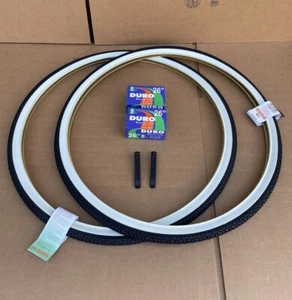 Set of 26 x 1 3/8 Bicycle Black/ White Wall Tires + Inner Tubes Semi Slick DURO - Picture 1 of 7