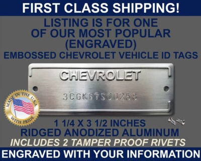 CHEVY CHEVROLET SERIAL NUMBER DOOR TAG DATA PLATE ENGRAVED WITH YOUR INFO USA - Image 1 of 2