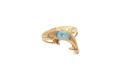 10k Yellow Gold Blue Topaz Diamond Eye Dolphin Ring Size 6 - Image 1 of 4