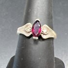 925 Sterling Silver Pink Garnet Eye Shape Stone Band Ring Size 7 Us 3.00G