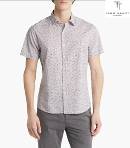 ROBERT BARAKETT NWT $155 HALLECK DOT PRINT S/S STRETCH COTTON PURPLE SHIRT. XL - Picture 1 of 8