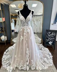 Champagner Blumen Spitze Brautkleid Brautkleid Maßanfertigung 6-28W Übergröße - Bild 1 von 7