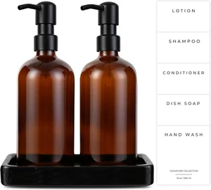 Emerson Soap Dispensers with Stainless Steel Pumps + 100% Porcelain Black Tray | - Picture 1 of 7