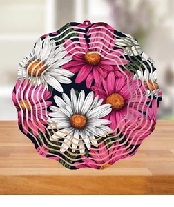 3D Wind Spinner Metal 10" Round Pink & White Daisies Whirligig Deck Yard Art New - Picture 1 of 9