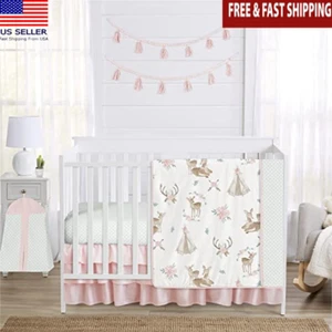 Watercolor Deer Floral Baby Crib Bedding Set 4 Pc Machine Washable Microfiber US - Picture 1 of 7