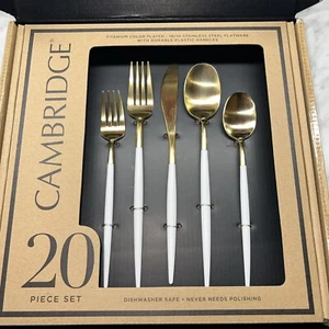 NEW Cambridge Mazzy White POM Gold Satin 20-Piece Flatware Set 306420CKG12DS - Picture 1 of 3