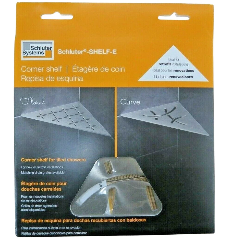 Schluter SHELF-E Corner Shelf - Curve Design, Brushed Stainless Steel - SES1D6EB - Image 1 of 1