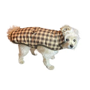 Pup Crew Faux Sherpa Lined Dog Jacket Size L Winter Coat Brown Check Holiday - Picture 1 of 7