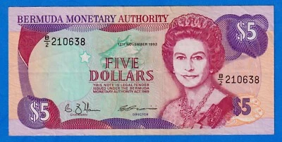 Billete Bermuda $5 1992 P-41a QE II circulado - B/2 210638 Foto 1 de 4