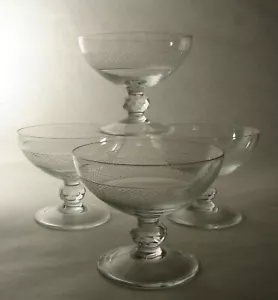 4 Antique Crystal Sherbets Champagne Gray Cut Lattice Band w/ Diamond Knob Stem - Picture 1 of 4