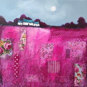 House On magenta pink patchwork field, Original acrylic mixed media painting