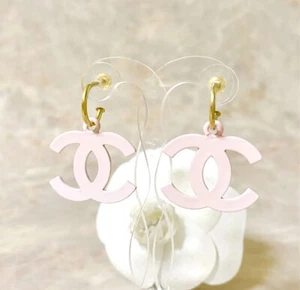 CHANEL Pink CC Logos Dangle Hoop Stud Earrings Gold Tone 03S Auth w/Box D-c11313 - Picture 1 of 4