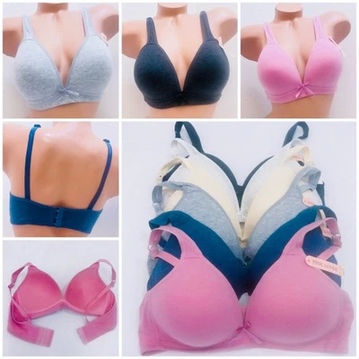 Lot 6 No Wire Full Cup Wireless Plain Everyday Light Padded Wire Free Cotton Bra - Image 1 of 4