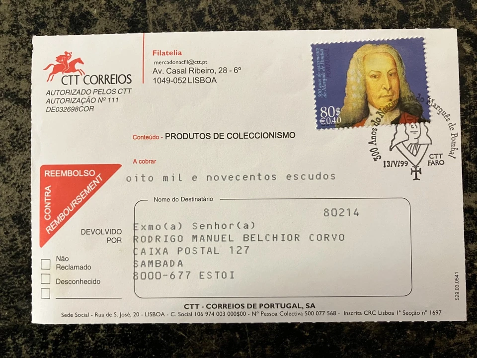 Portugal 1999 - Cash on delivery form Pombal Marquis stamp -  first day cancel - Image 1 of 1