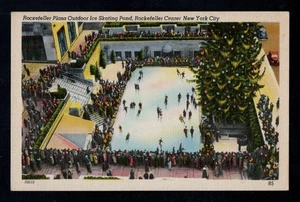 1940's Rockefeller Plaza Outdoor Ice Skating Pond New York City Postcard EX-NM - Imagen 1 de 2