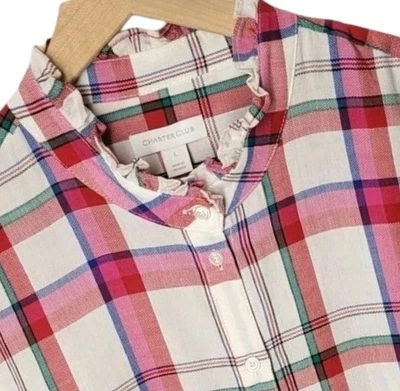 Camisa informal Charter Club rosa a cuadros con volantes con botones estilo años 80 Cottagecore L Foto 1 de 4