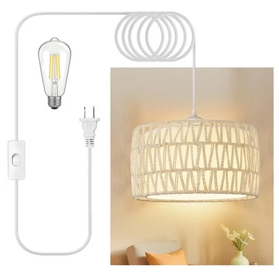 Lámpara Colgante Enchufable, Luces Colgantes de Ratán con Cable Enchufable, Tejida y Fabri... Foto 1 de 4