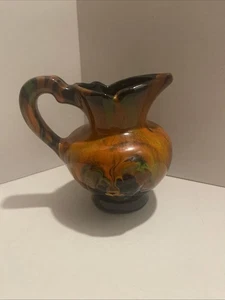 "Jarra moderna de mediados de siglo de colección, esmalte naranja fuego negro y verde 5"" de alto firmada" - Imagen 1 de 8