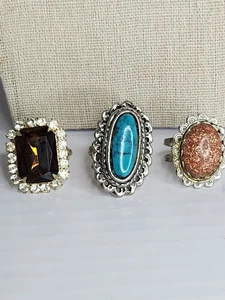 Vintage Adjustable Cocktail Rings Lot of 3 Rhinestone, Turquoise, Goldstone - Picture 1 of 11
