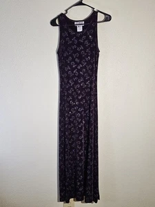 Vtg Y2k La Belle Plum Maxi Dress Floral Vampy Slinky Stretch Glam Goth Sparkly - Picture 1 of 12