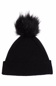 NORDSTROM RACK WOMENS CASHMERE KNIT CUFFED BEANIE W/FAUX FUR POMPOM BLACK NWOT - Picture 1 of 11