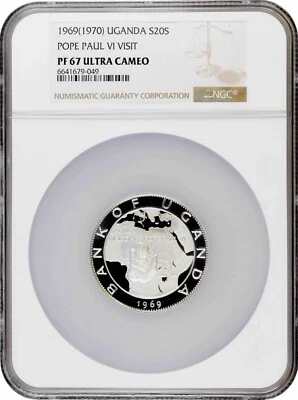 Uganda 20 shillings 1969 (1970), NGC PF67 UC, "Visit of Pope Paul VI" silver - Image 1 of 2