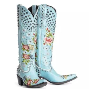 Damen Blumenstickerei Nieten Western Cowboystiefel seitlicher Reißverschluss Mode Stiefel - Bild 1 von 11