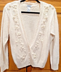Vtg De Rotchild Silk Hand-Beaded Cardigan 1960s Faux Pearl Buttons  Angora Med. - Picture 1 of 12