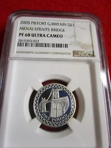 2005 Great Britain 1 Pounds .925 silver proof Piefort Menai Straits PCGS PR 68 - Picture 1 of 3