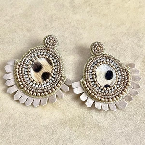 Lamani Handmade Leather Beaded Earrings, Pierced Studs Gold Tone Fringe Cowhide - Picture 1 of 6
