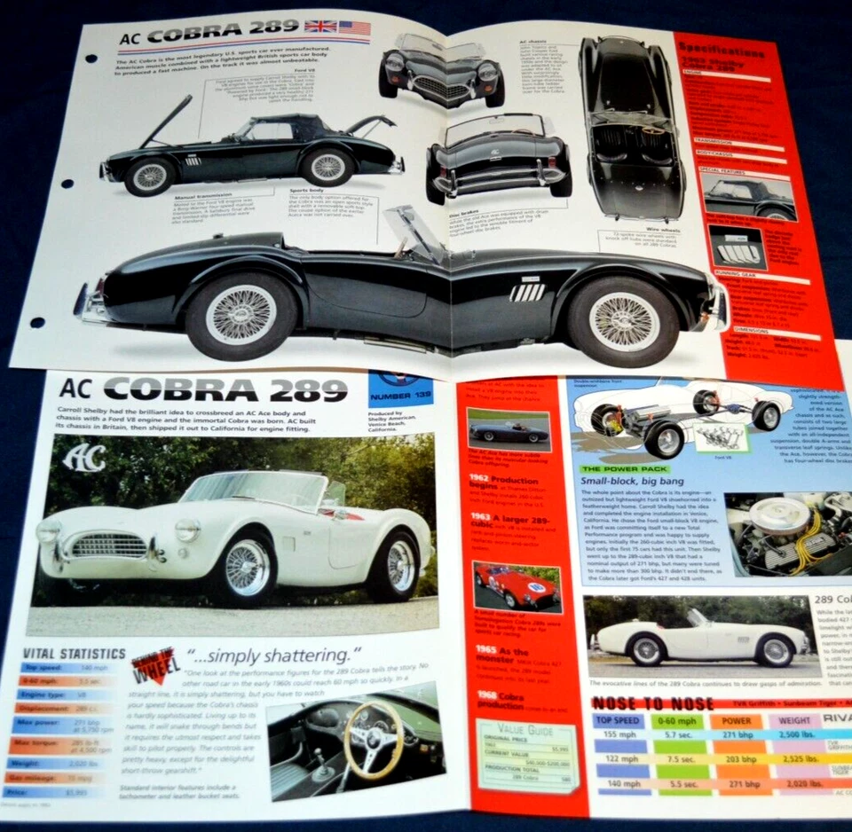 Folleto de póster original AC Cobra 289 1963 información de especificaciones vintage 63 Shelby Cobra Foto 1 de 1